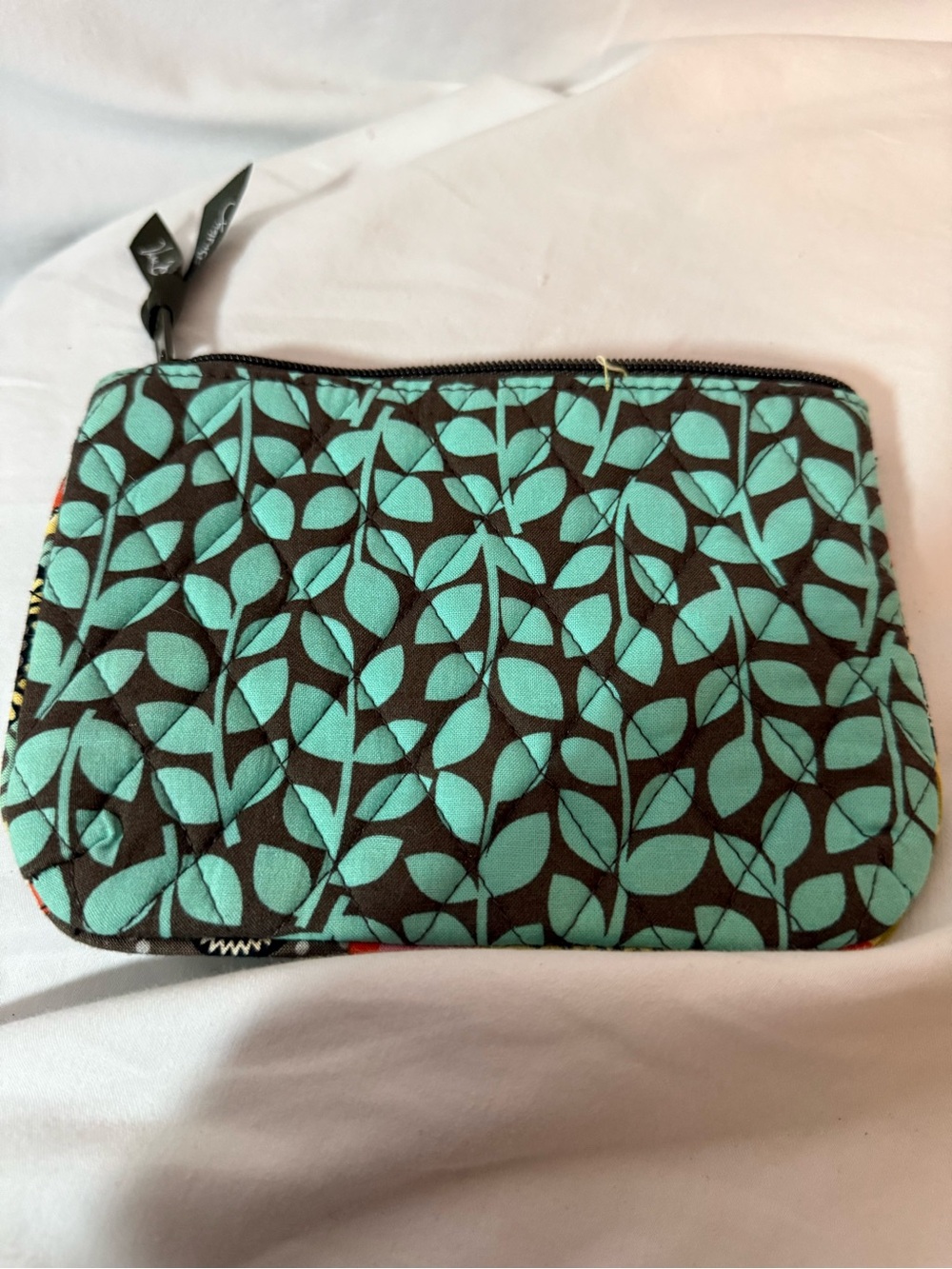 Vera Bradley Quilted Cosmetic Bag Teal Brown Leaf Print Zip Makeup Pouch